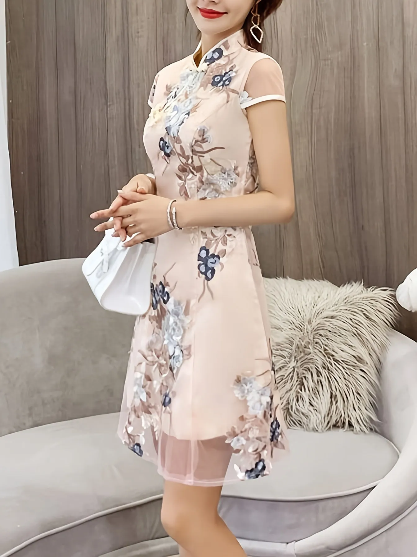 Improved Short Summer Retro Print Cheongsam Dress for Women
