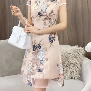 Improved Short Summer Retro Print Cheongsam Dress for Women