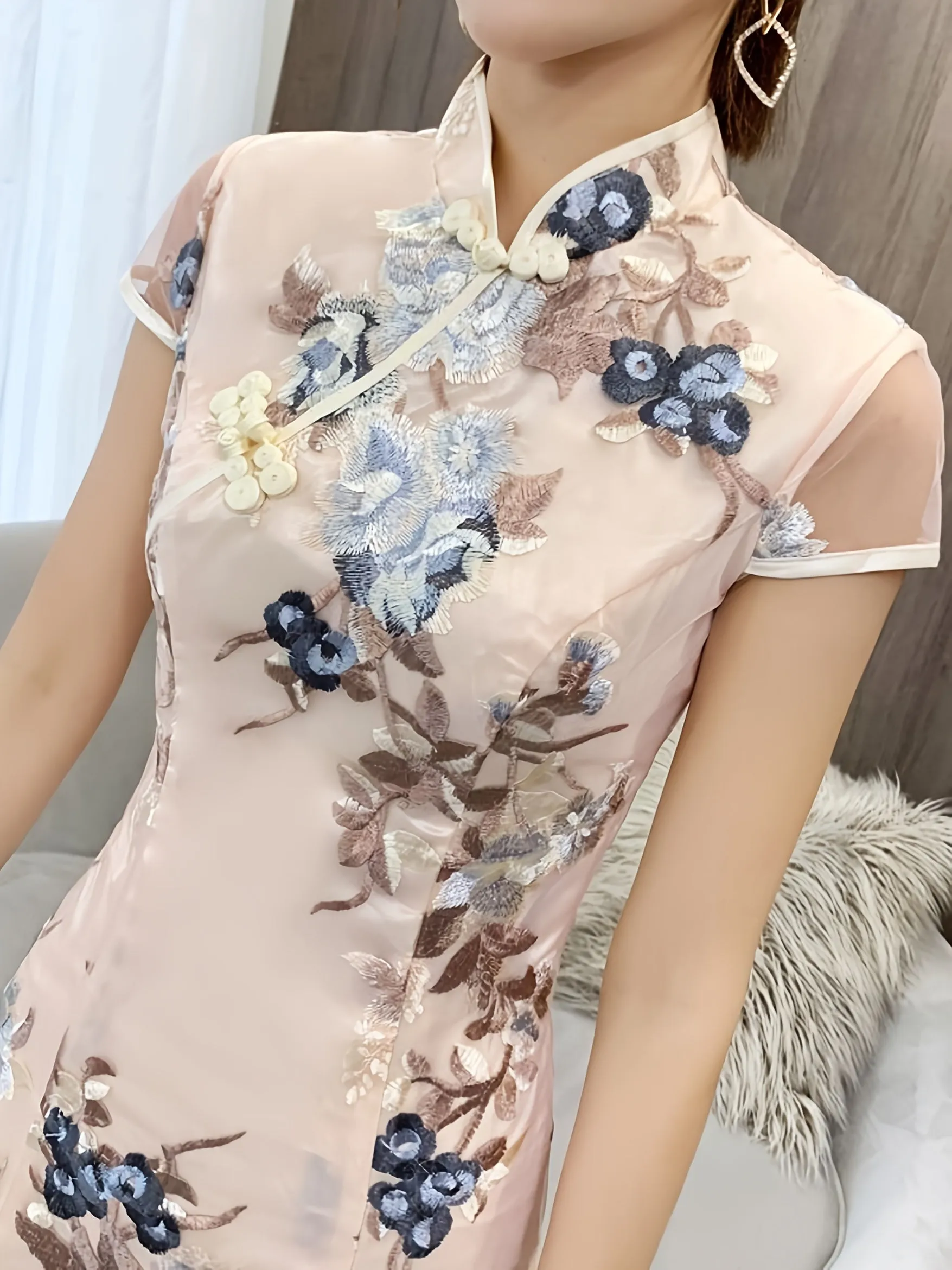 Improved Short Summer Retro Print Cheongsam Dress for Women