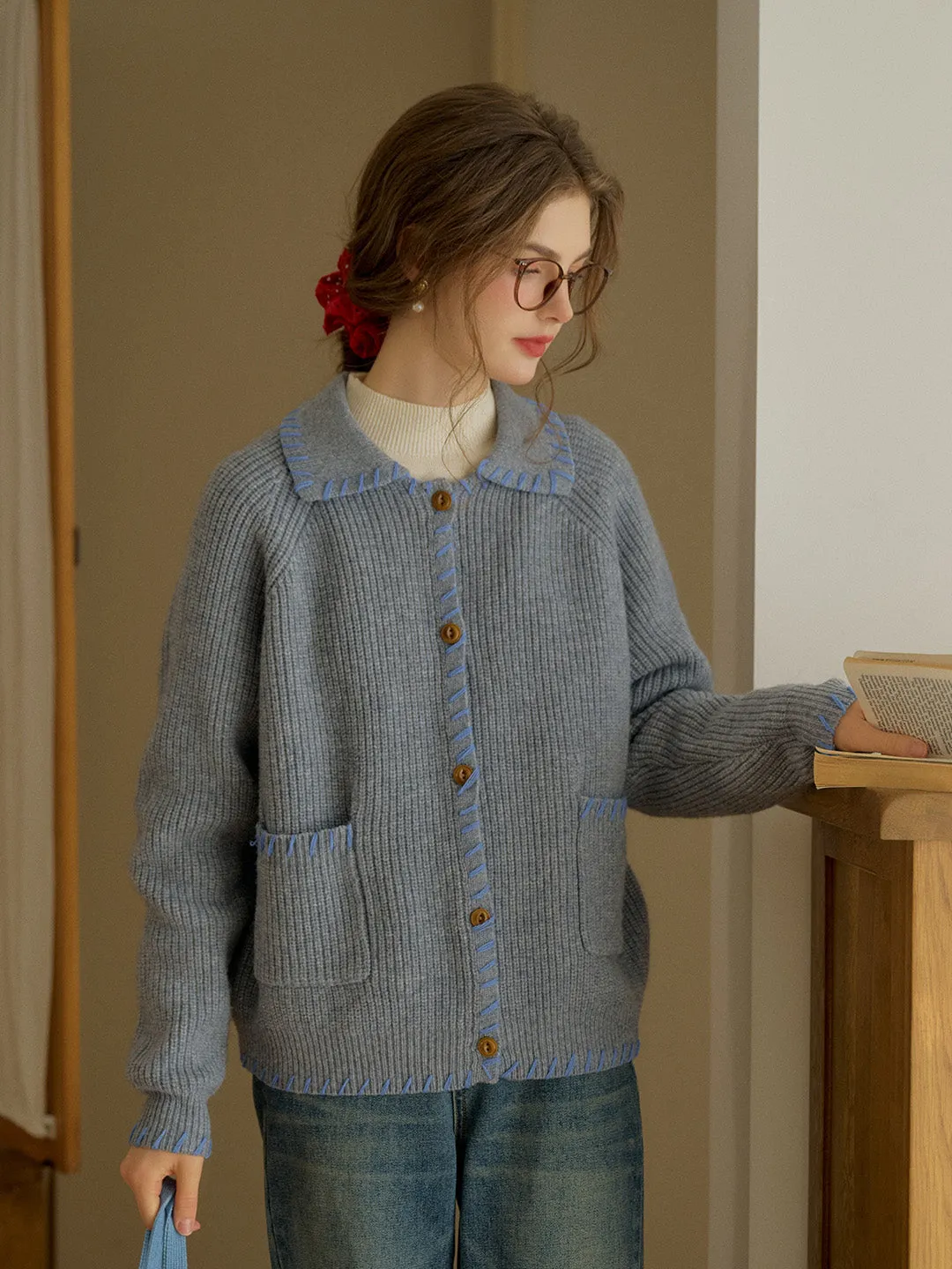 Kahlani Peter Pan Collar Contrasting Embroidered Pocket 100% Wool Cardigan - White