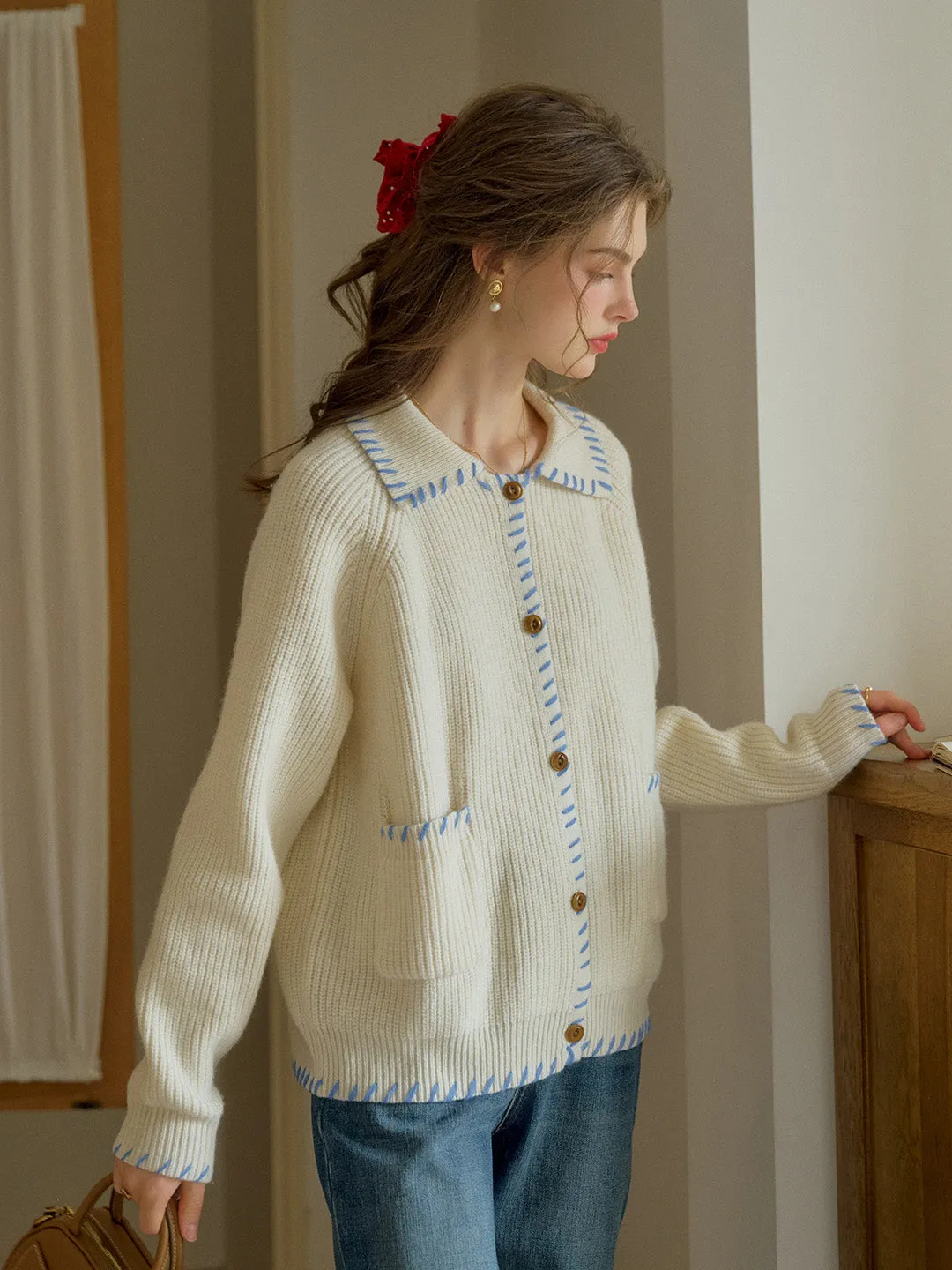 Kahlani Peter Pan Collar Contrasting Embroidered Pocket 100% Wool Cardigan - White