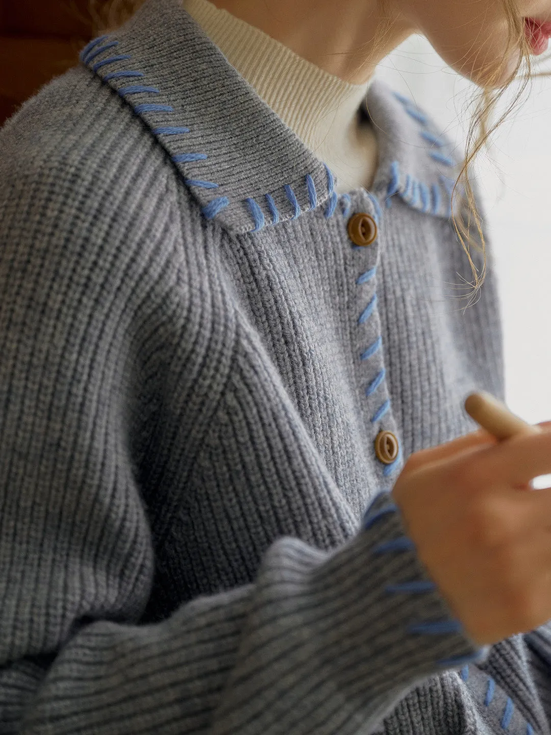 Kahlani Peter Pan Collar Contrasting Embroidered Pocket 100% Wool Cardigan - White