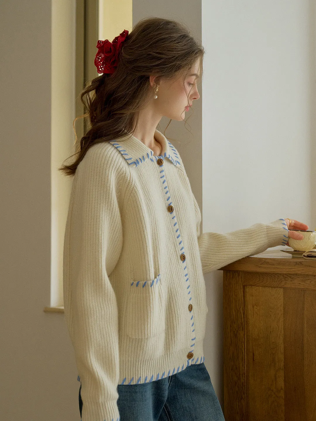 Kahlani Peter Pan Collar Contrasting Embroidered Pocket 100% Wool Cardigan - White