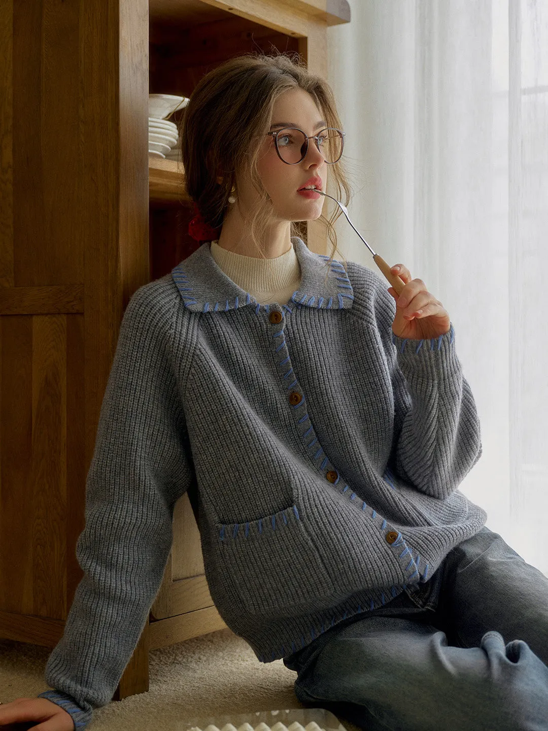 Kahlani Peter Pan Collar Contrasting Embroidered Pocket 100% Wool Cardigan - White