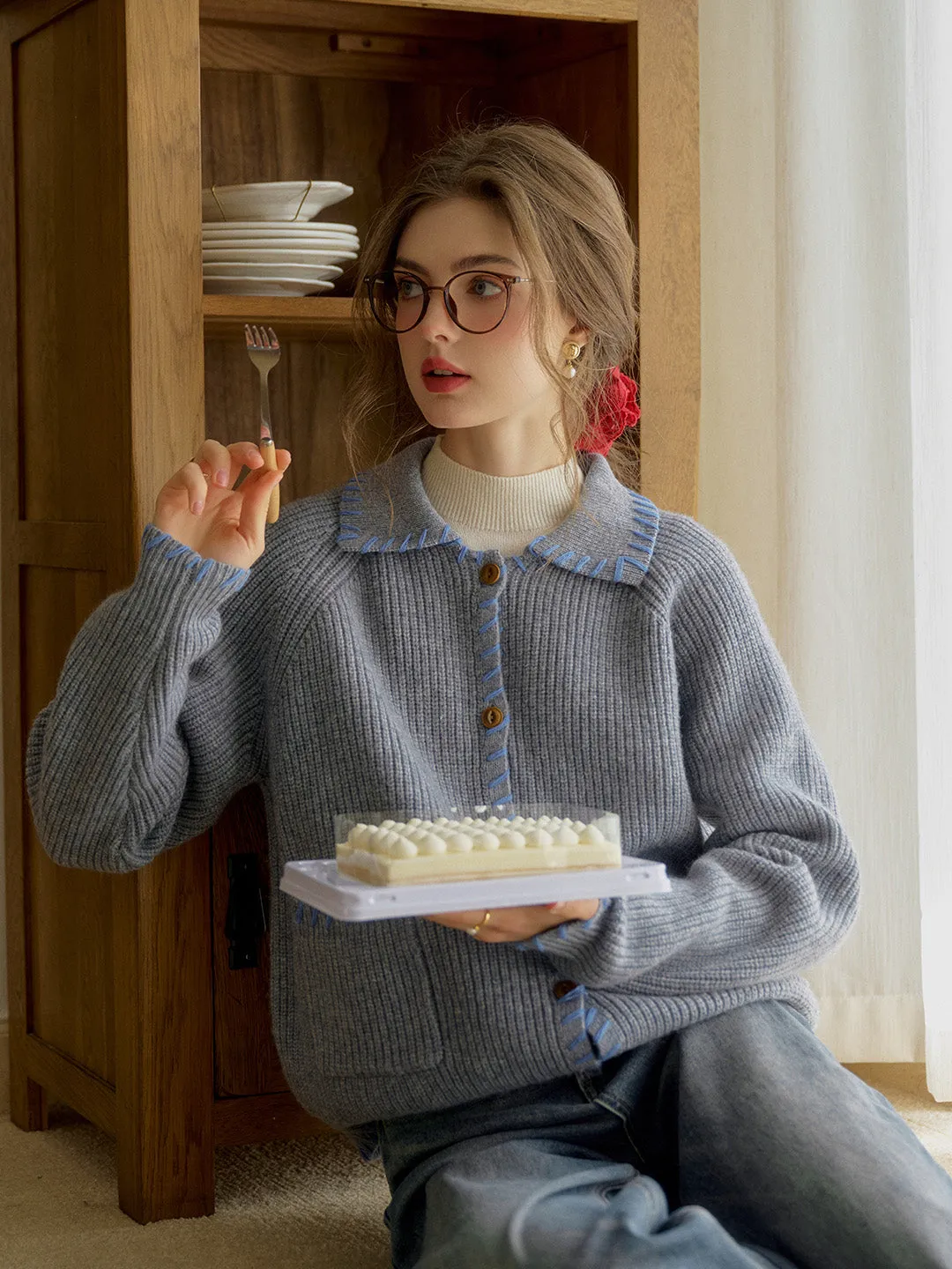 Kahlani Peter Pan Collar Contrasting Embroidered Pocket 100% Wool Cardigan - White