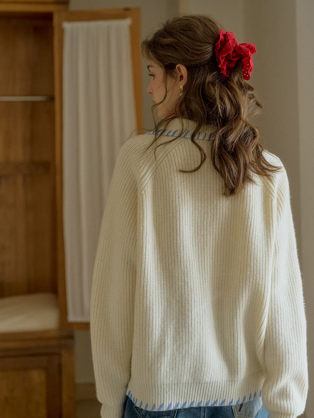 Kahlani Peter Pan Collar Contrasting Embroidered Pocket 100% Wool Cardigan - White