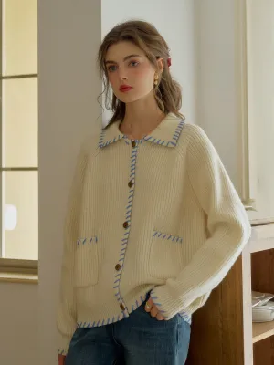 Kahlani Peter Pan Collar Contrasting Embroidered Pocket 100% Wool Cardigan - White
