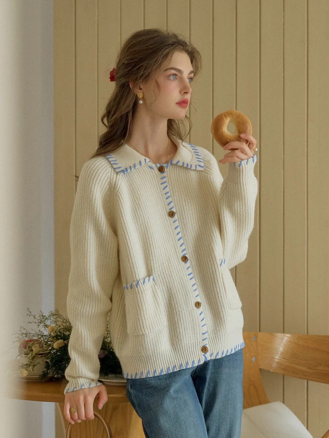 Kahlani Peter Pan Collar Contrasting Embroidered Pocket 100% Wool Cardigan - White