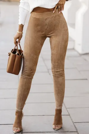 Khaki Mid Rise Faux Suede Leggings
