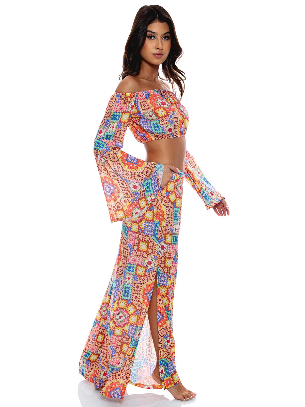 Laced Up Off The Shoulder Crop-Open Sides Wide Leg Pant ::RET