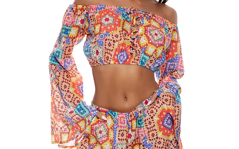 Laced Up Off The Shoulder Crop-Open Sides Wide Leg Pant ::RET