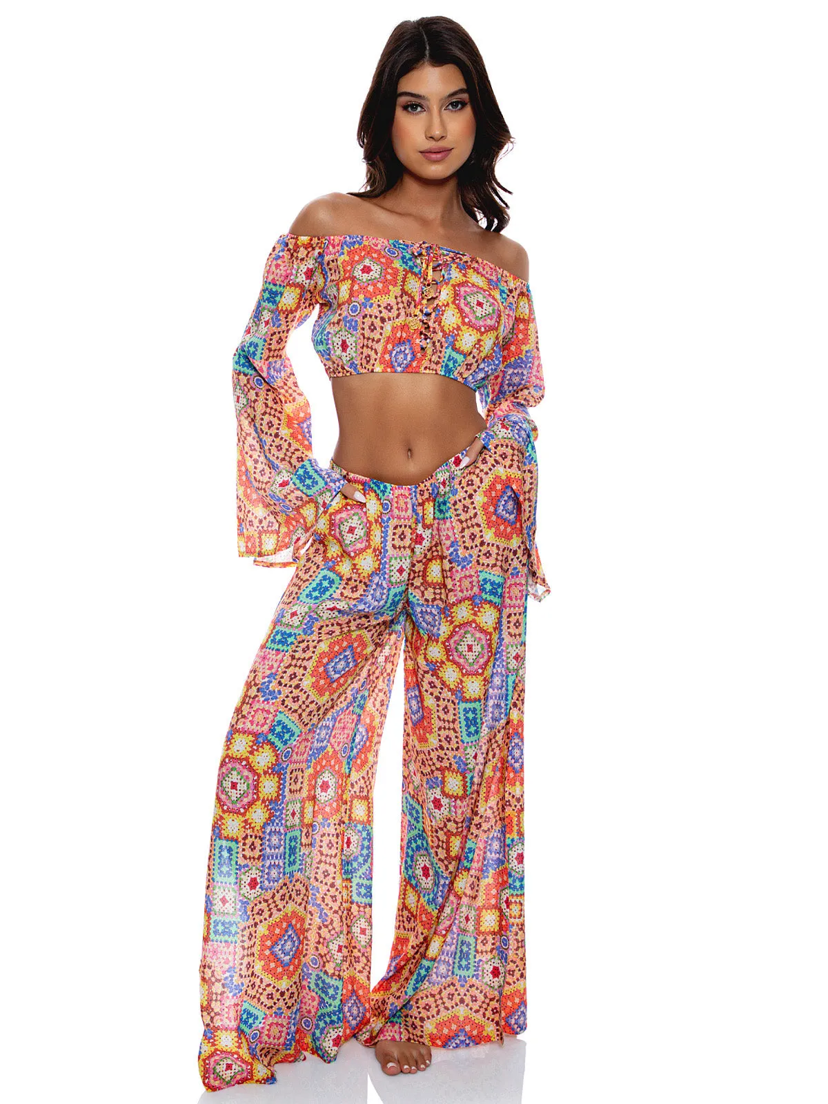 Laced Up Off The Shoulder Crop-Open Sides Wide Leg Pant ::RET