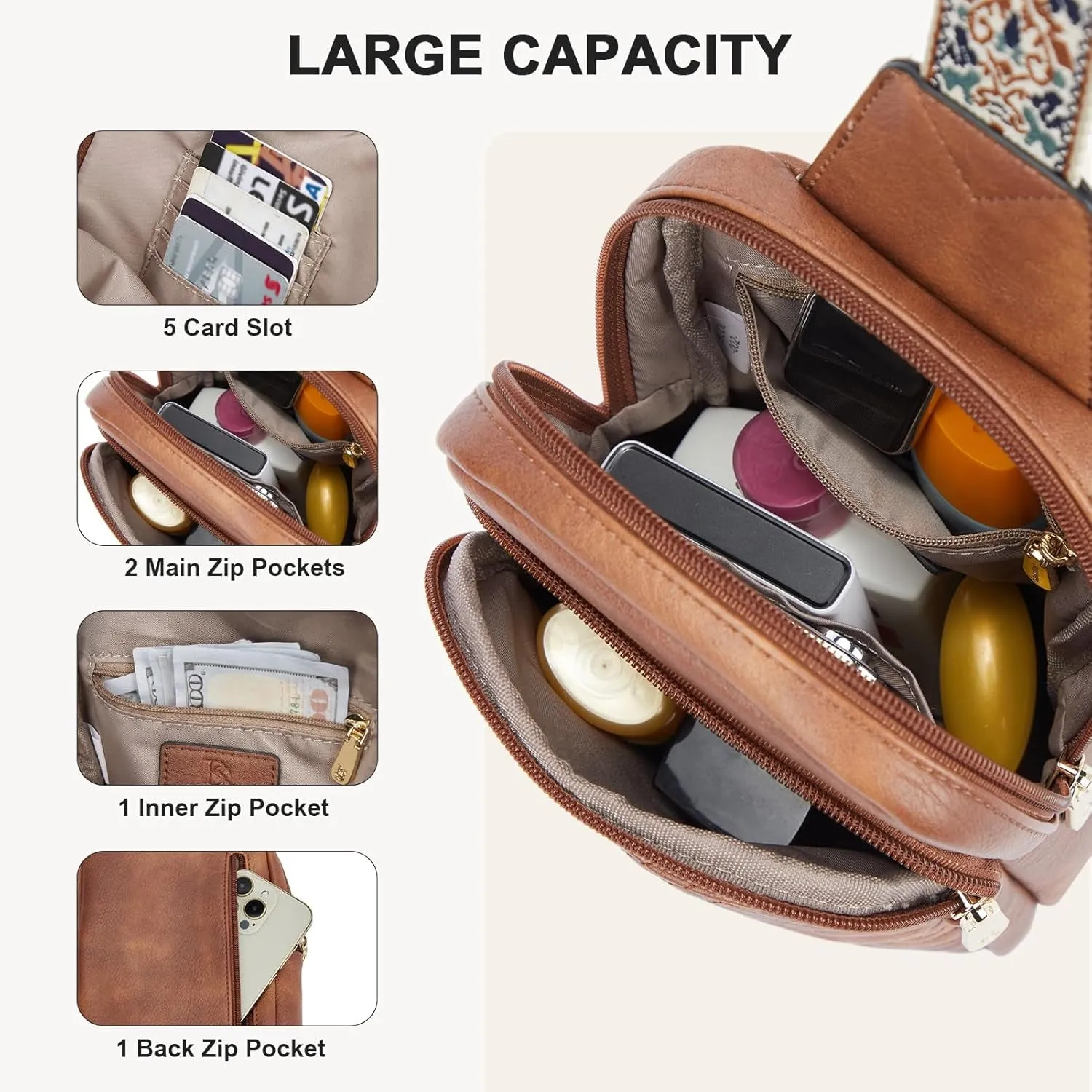 Leather Crossbody Sling Bag for Women with Adjustable Guitar Strap
