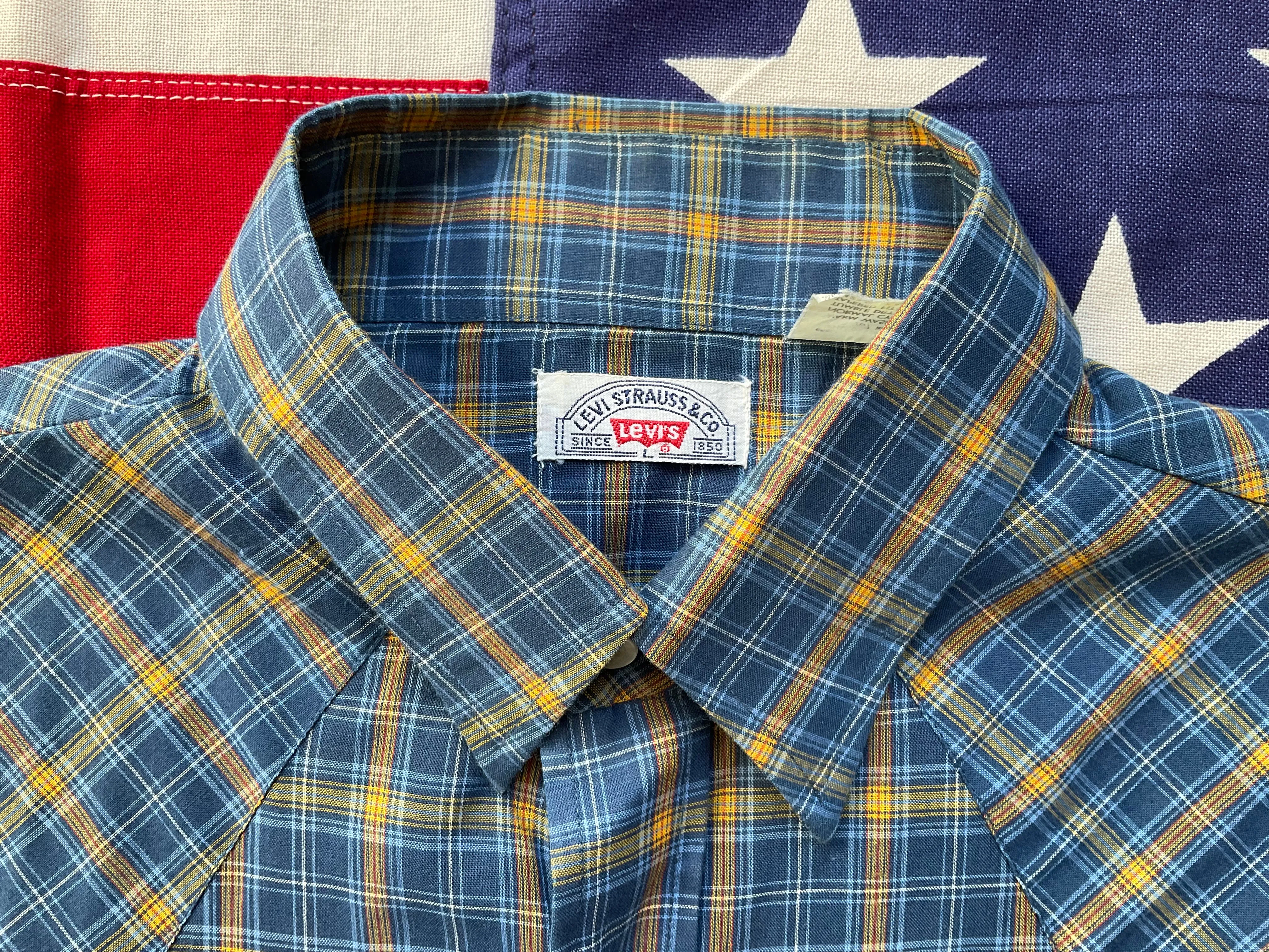 LEVI’S Vintage BIG E Mens Western Shirt Blue-Check with Pearl Snaps