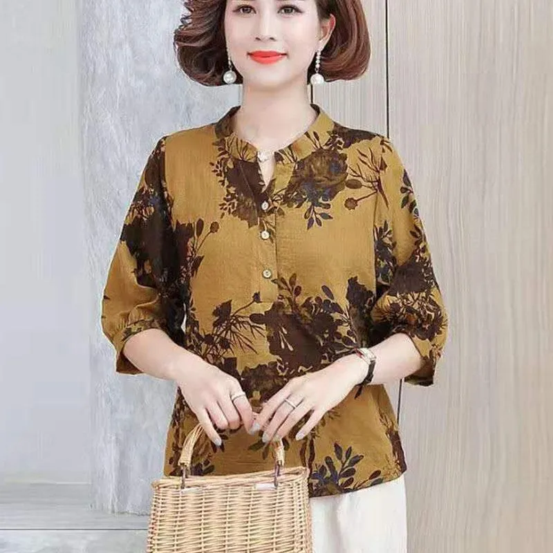 Linen Shirts Retro Printed T-Shirts Casual Loose Thin Shirts Summer Dresses for Middle-aged and Older Women