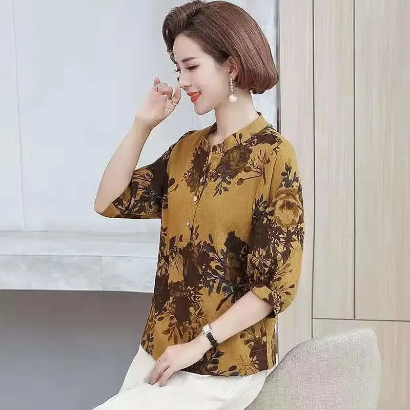 Linen Shirts Retro Printed T-Shirts Casual Loose Thin Shirts Summer Dresses for Middle-aged and Older Women