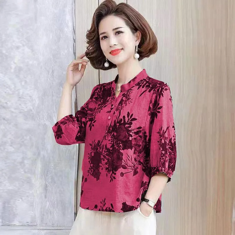 Linen Shirts Retro Printed T-Shirts Casual Loose Thin Shirts Summer Dresses for Middle-aged and Older Women