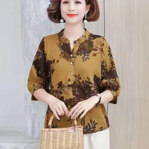 Linen Shirts Retro Printed T-Shirts Casual Loose Thin Shirts Summer Dresses for Middle-aged and Older Women