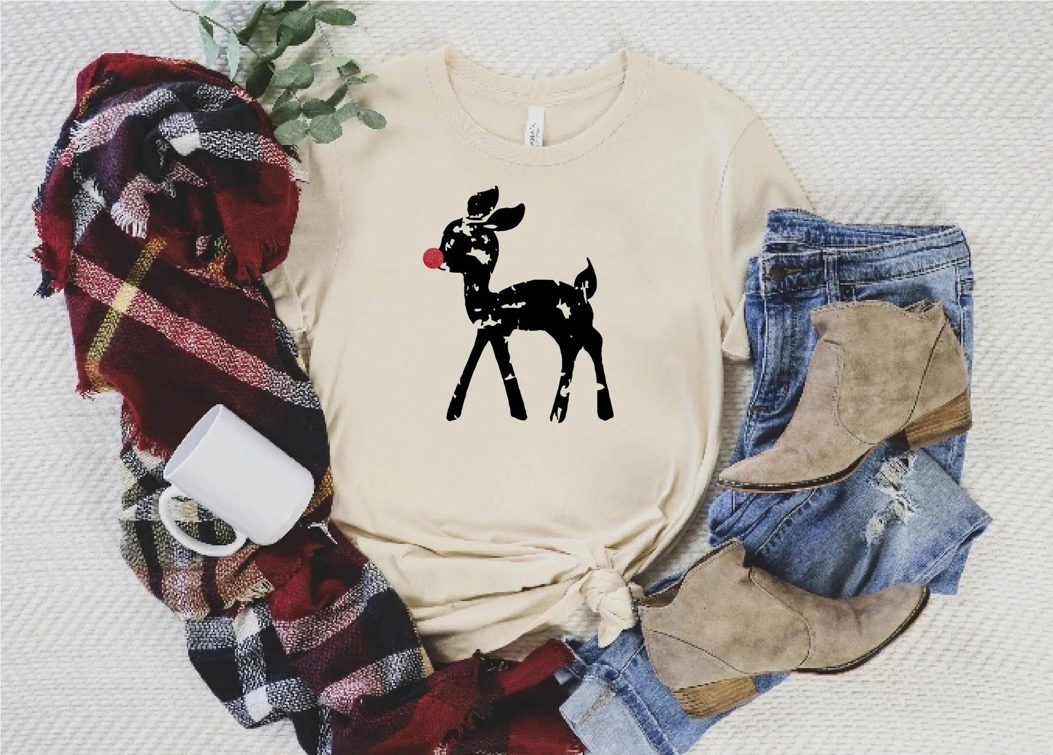 Little Reindeer Red Glitter Christmas Shirt | Unisex Crew
