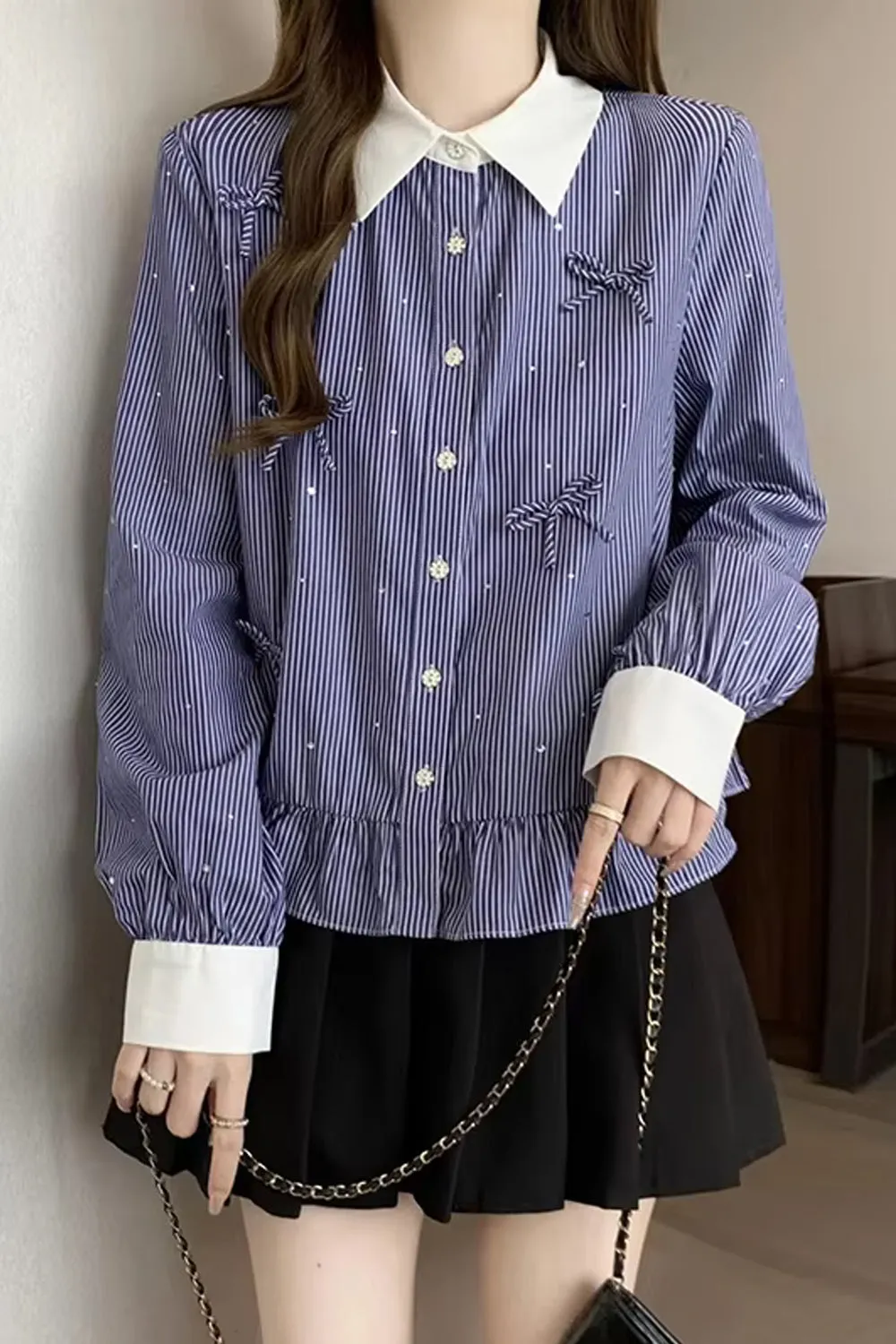 Long Sleeve Bow Striped Collar Blouse Shirt