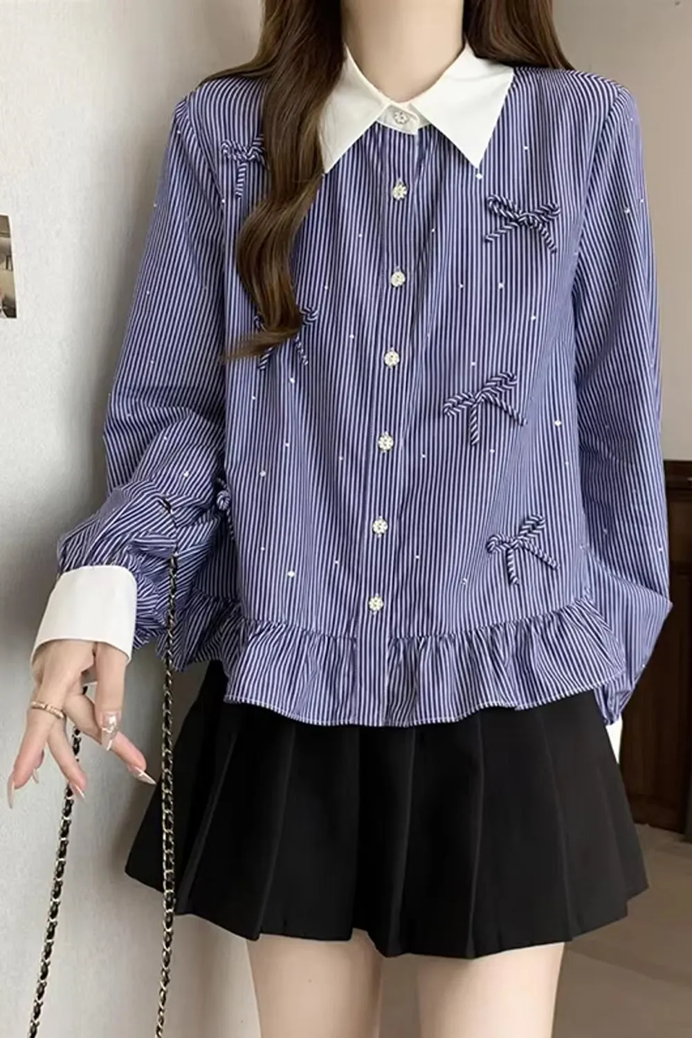 Long Sleeve Bow Striped Collar Blouse Shirt