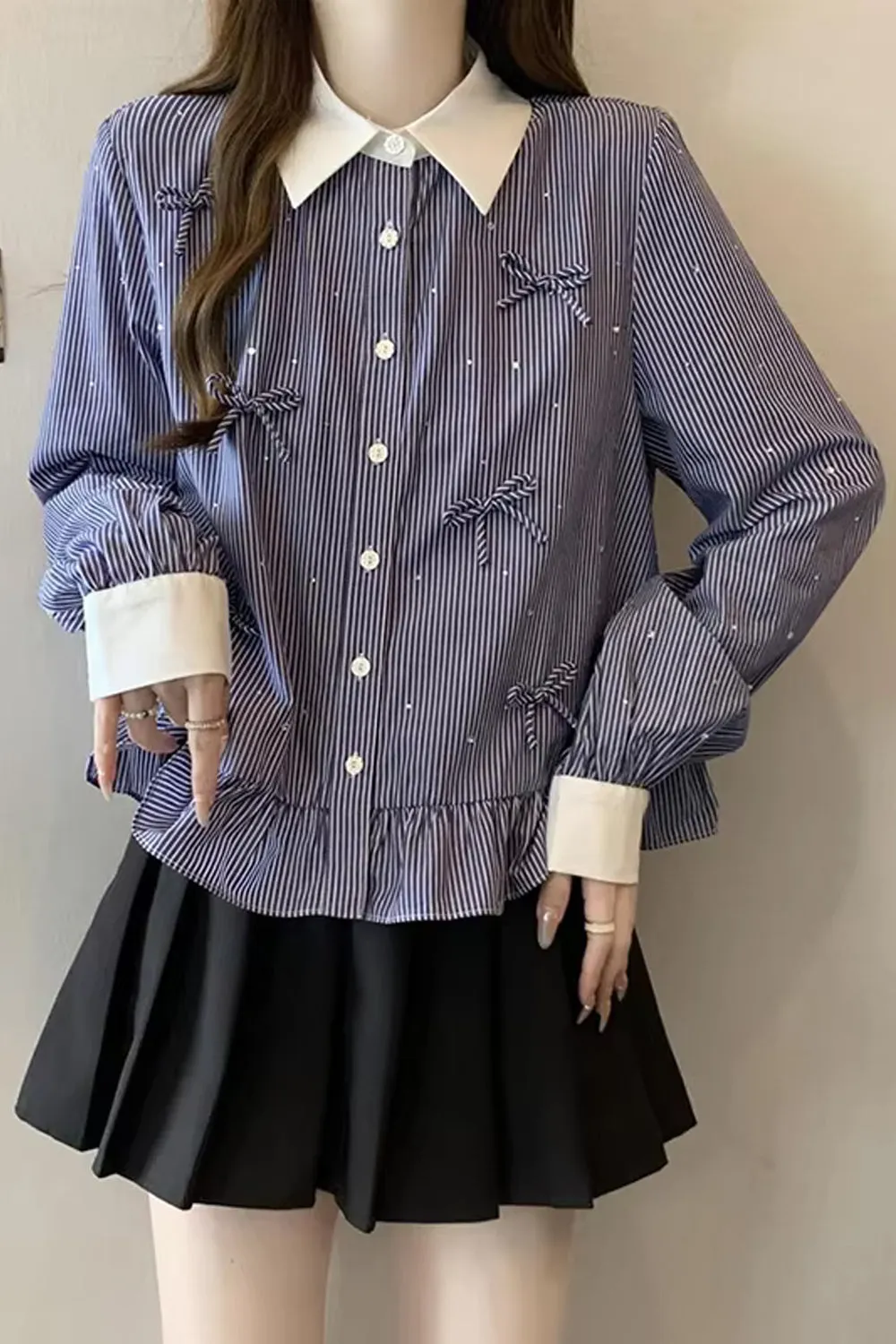 Long Sleeve Bow Striped Collar Blouse Shirt