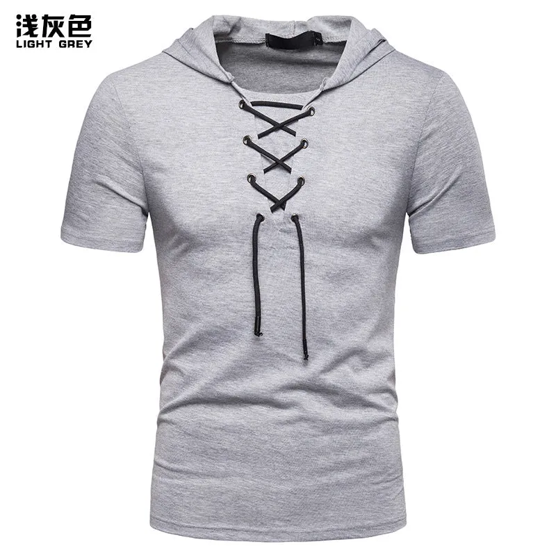 Men Slim Short Sleeves Drawstring Hoody T-Shirt