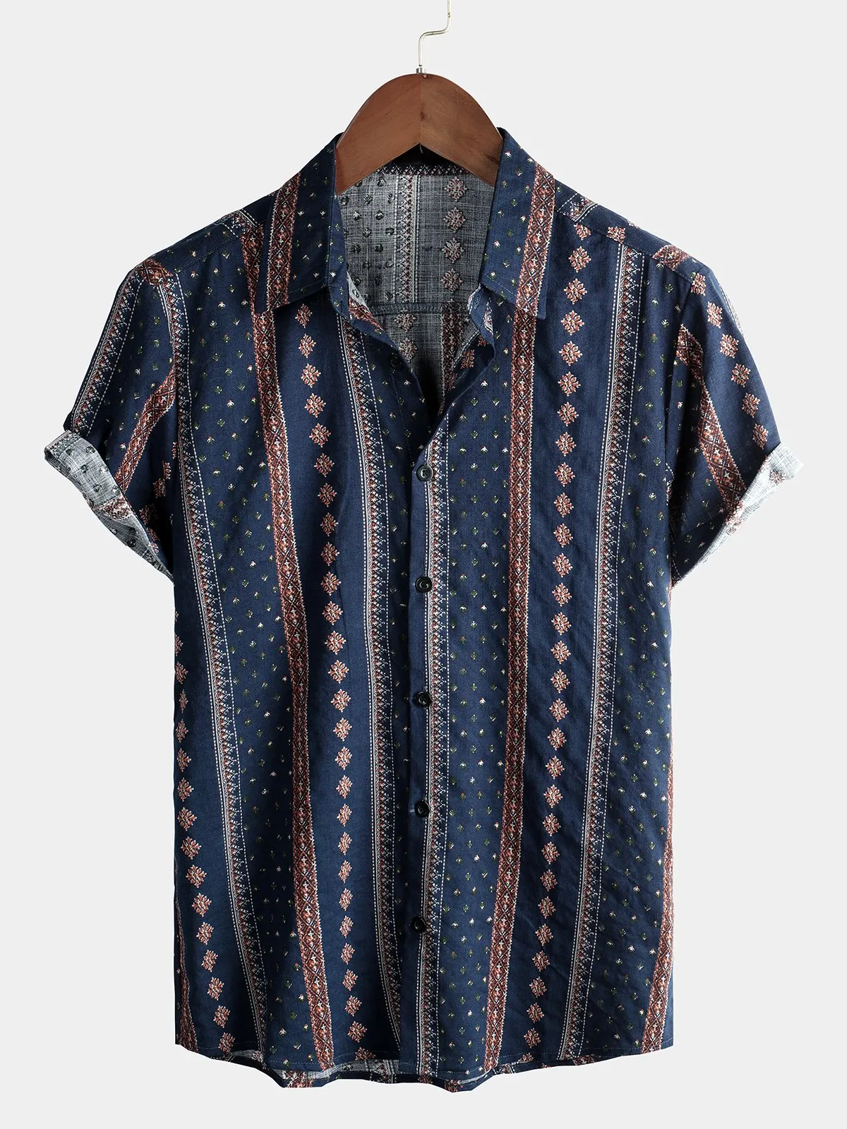 Men's Retro Button Up Short Sleeve Cotton 70s Shirt