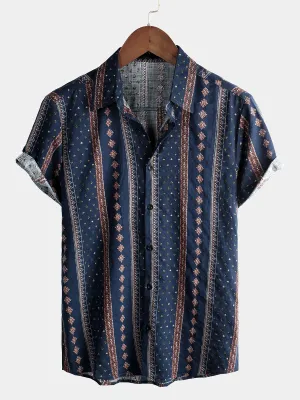 Men's Retro Button Up Short Sleeve Cotton 70s Shirt