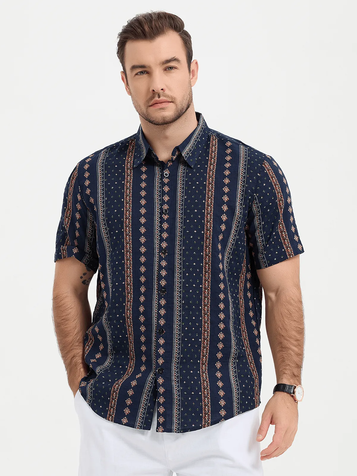 Men's Retro Button Up Short Sleeve Cotton 70s Shirt