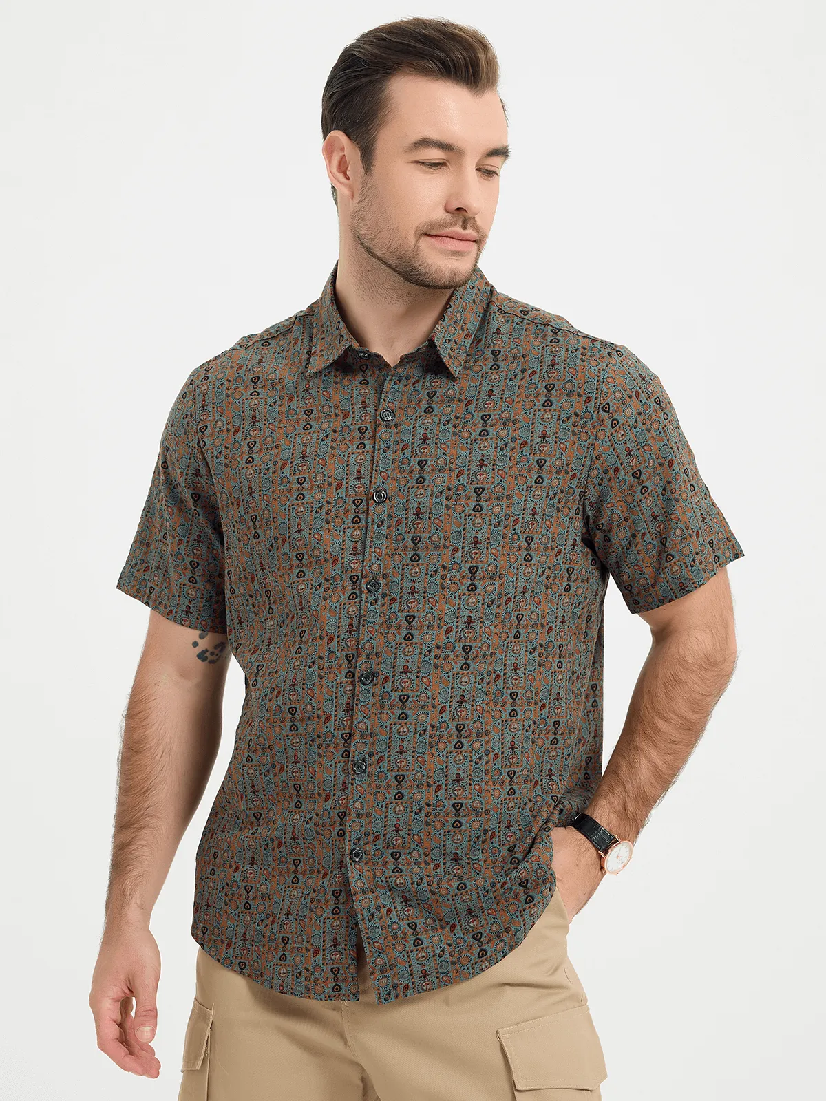 Men's Vintage Paisley Print 70s Button Up Green Boho Retro Tribal Short Sleeve Shirt