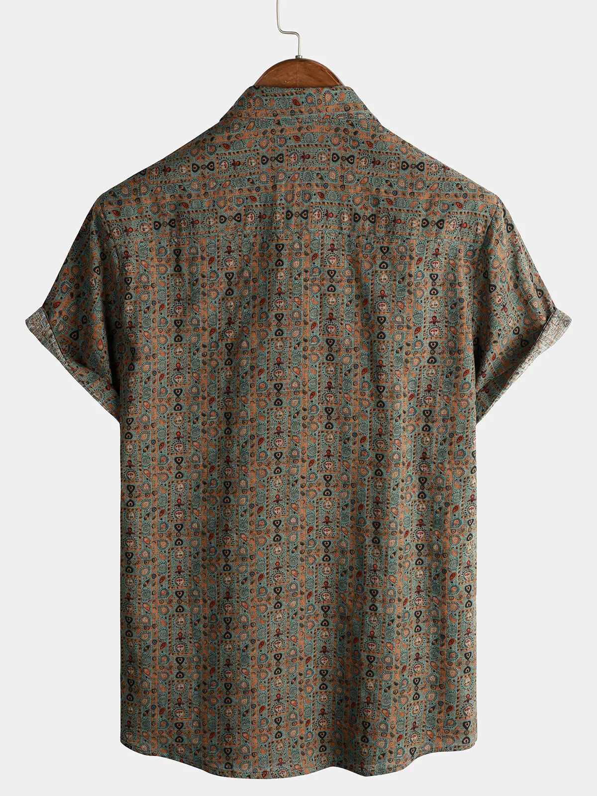 Men's Vintage Paisley Print 70s Button Up Green Boho Retro Tribal Short Sleeve Shirt