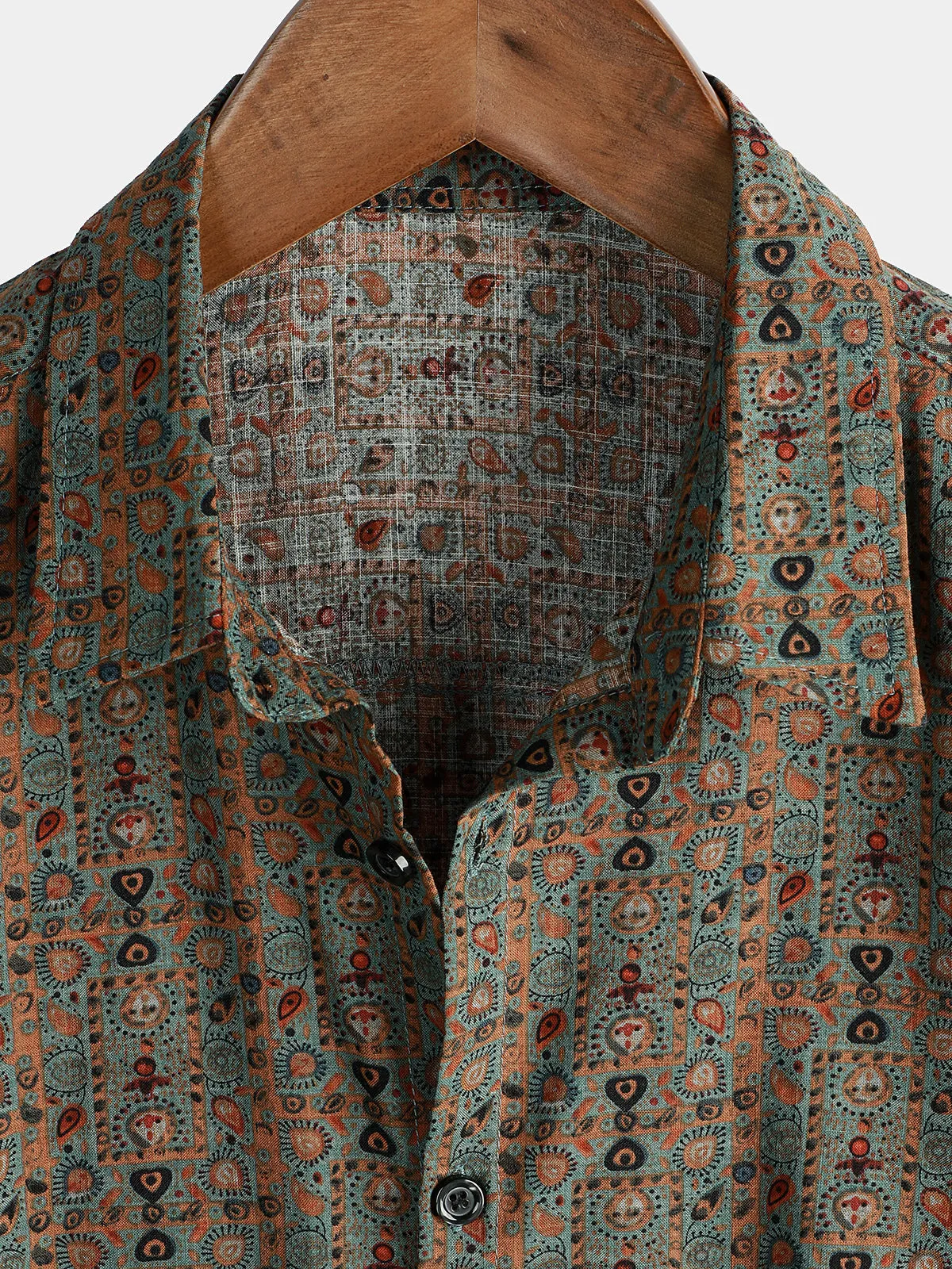 Men's Vintage Paisley Print 70s Button Up Green Boho Retro Tribal Short Sleeve Shirt