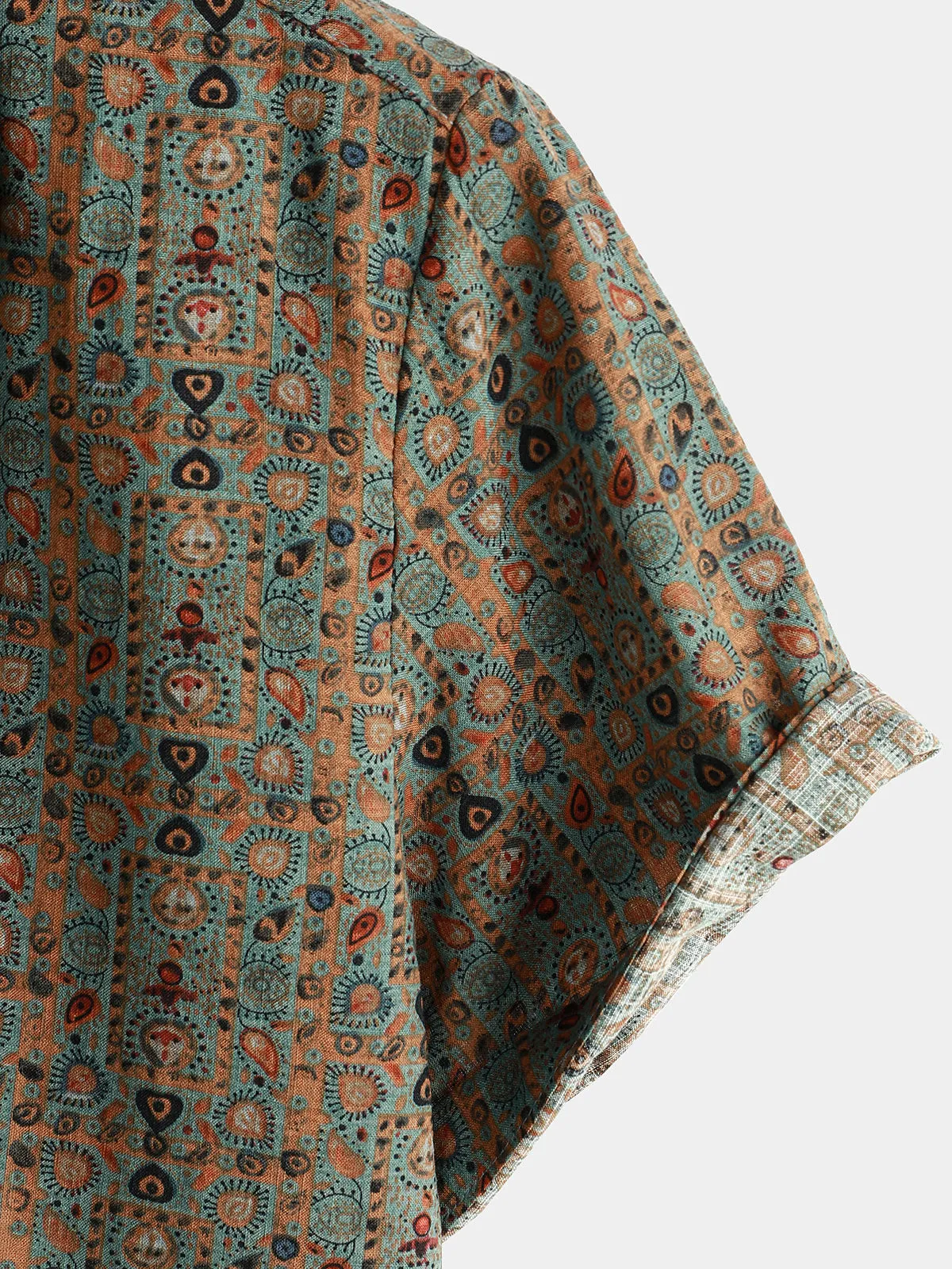 Men's Vintage Paisley Print 70s Button Up Green Boho Retro Tribal Short Sleeve Shirt