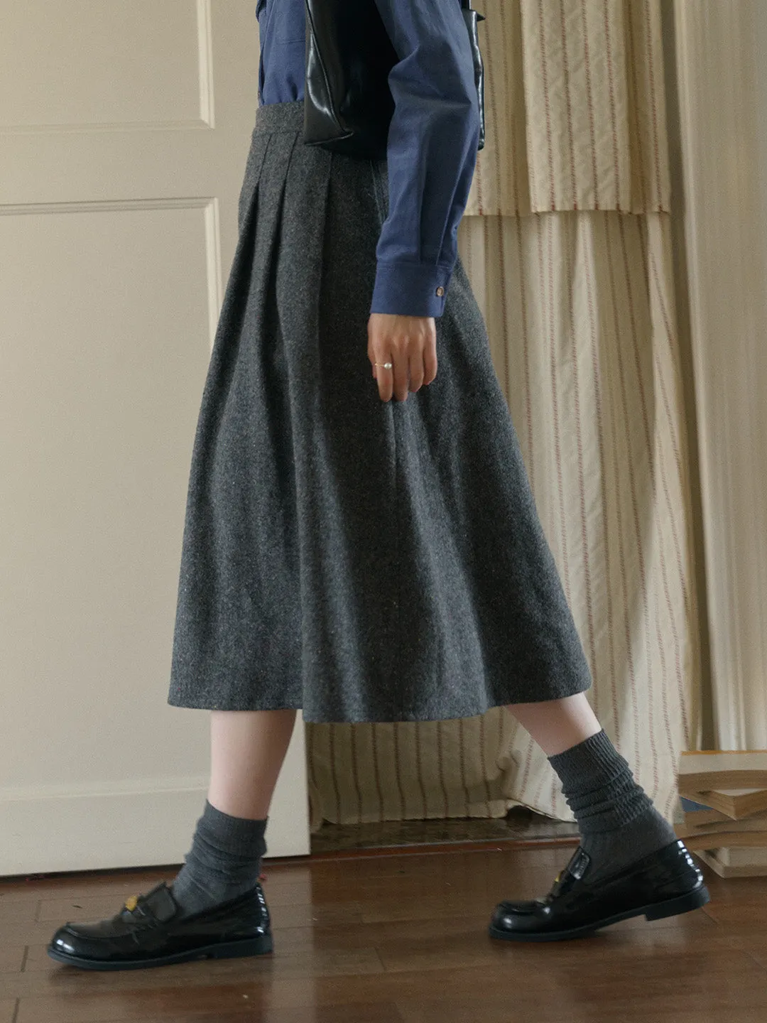 Mercy Sweet Slim A-line Pocket Wool Skirt - Gray