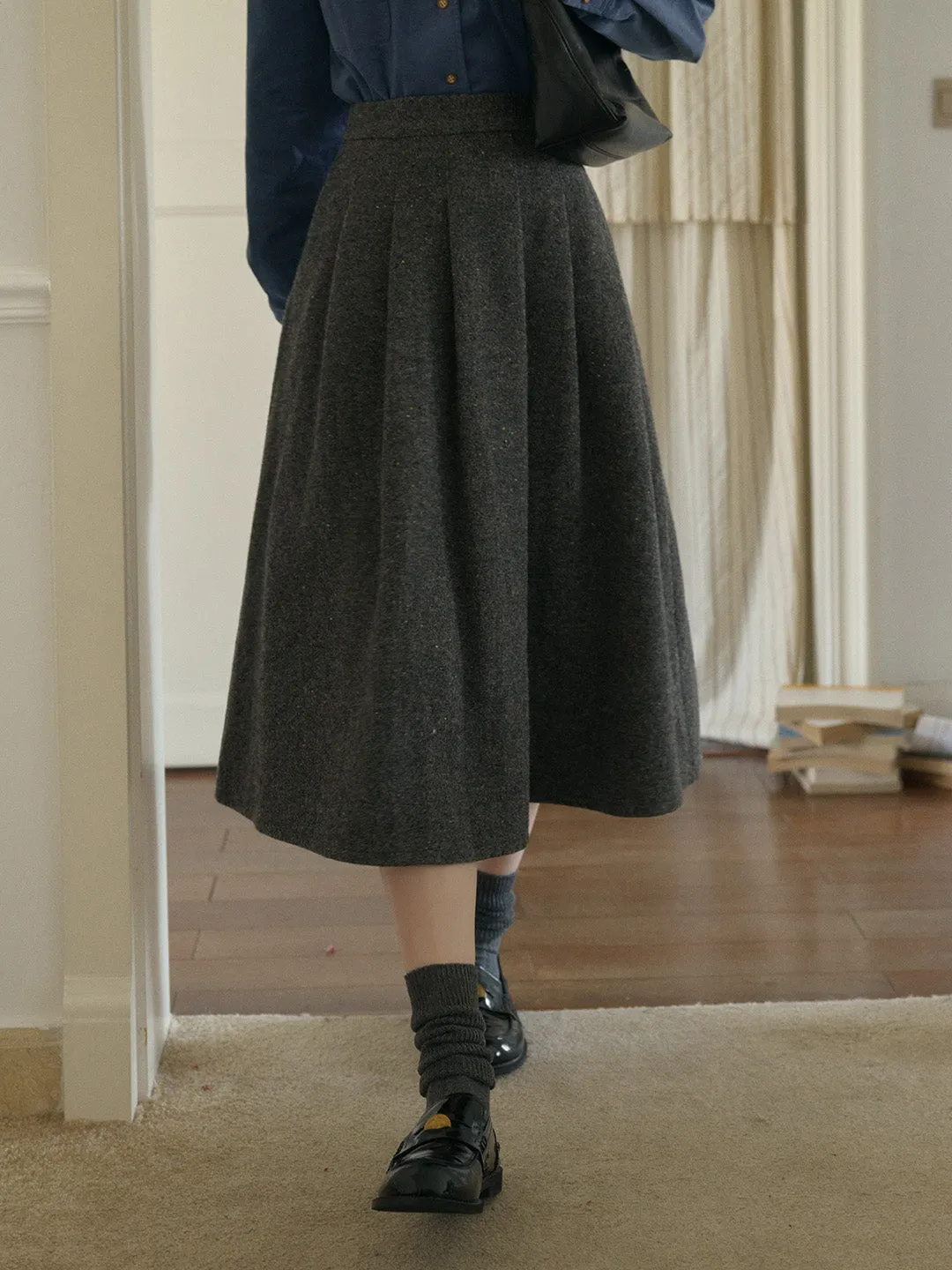 Mercy Sweet Slim A-line Pocket Wool Skirt - Gray