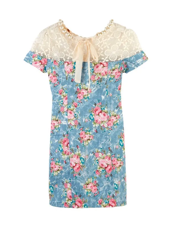mesh lace denim dress