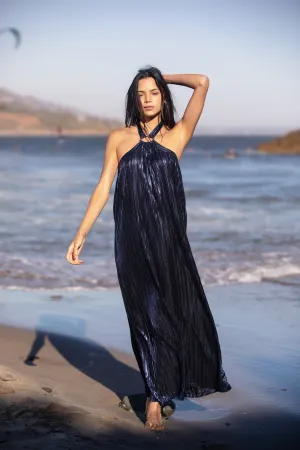 Metallic Pleat Halter Gown