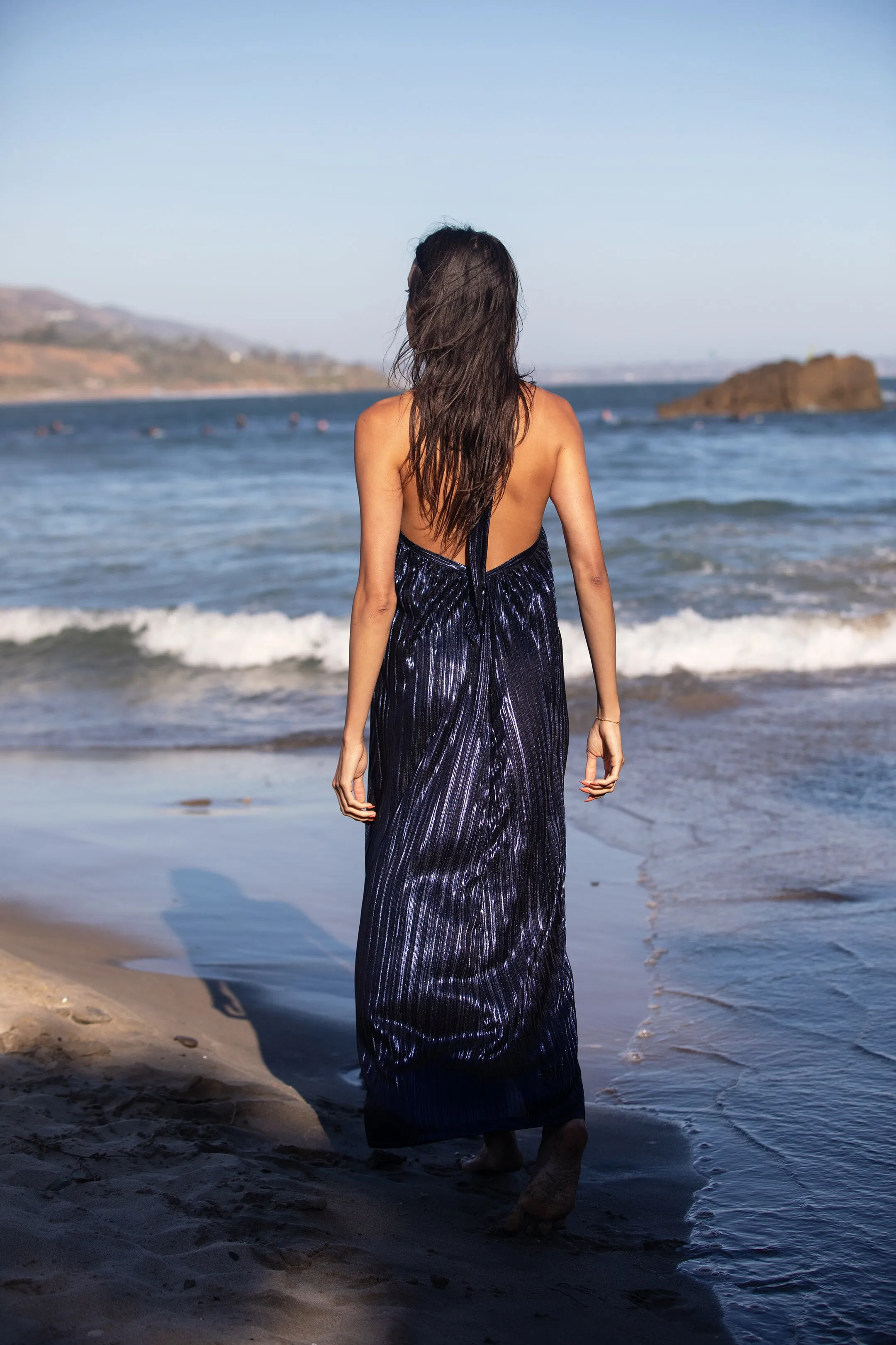Metallic Pleat Halter Gown