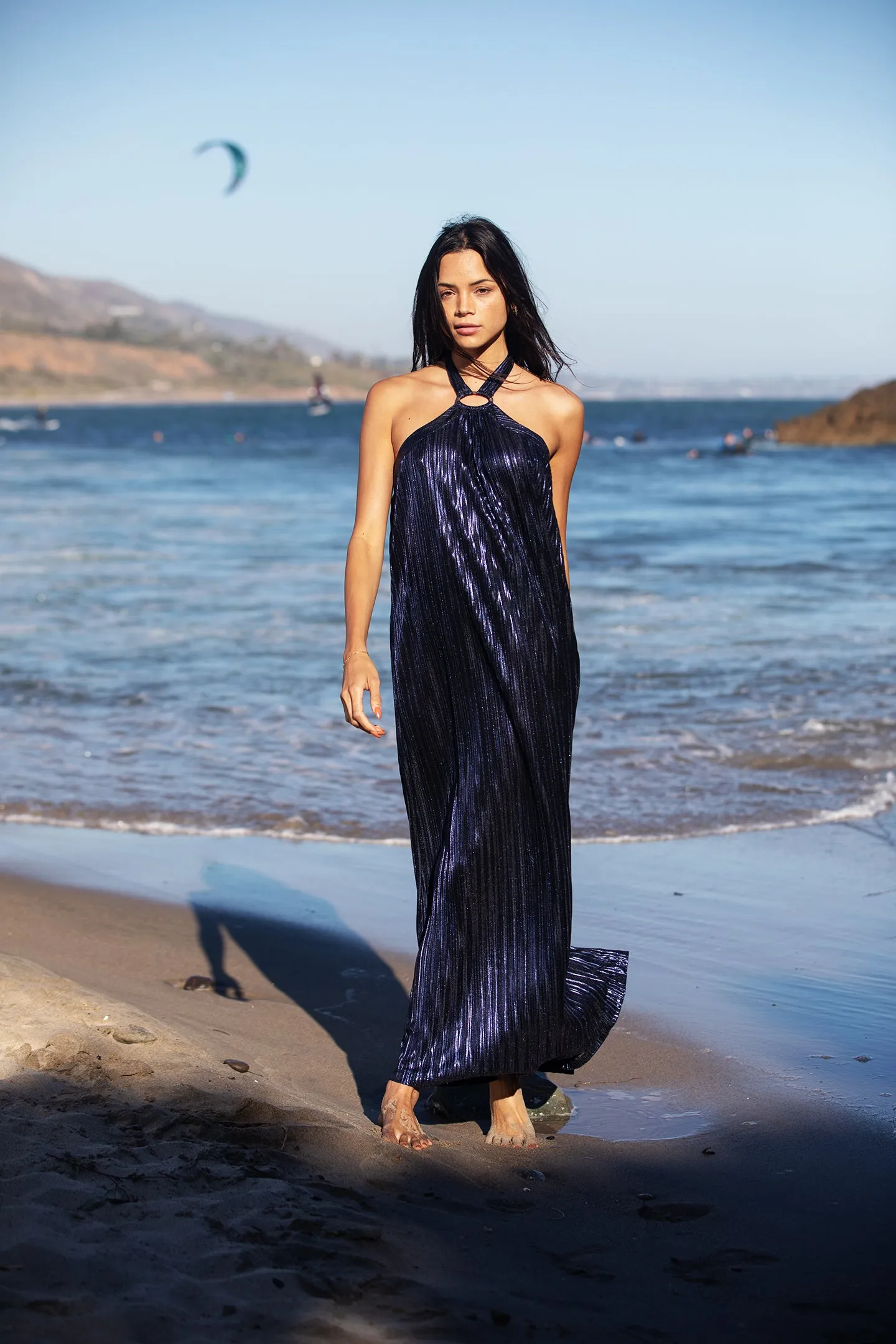 Metallic Pleat Halter Gown
