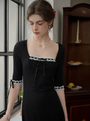 Michelle Bow Lace Square Neck Knitted Color Block Dress