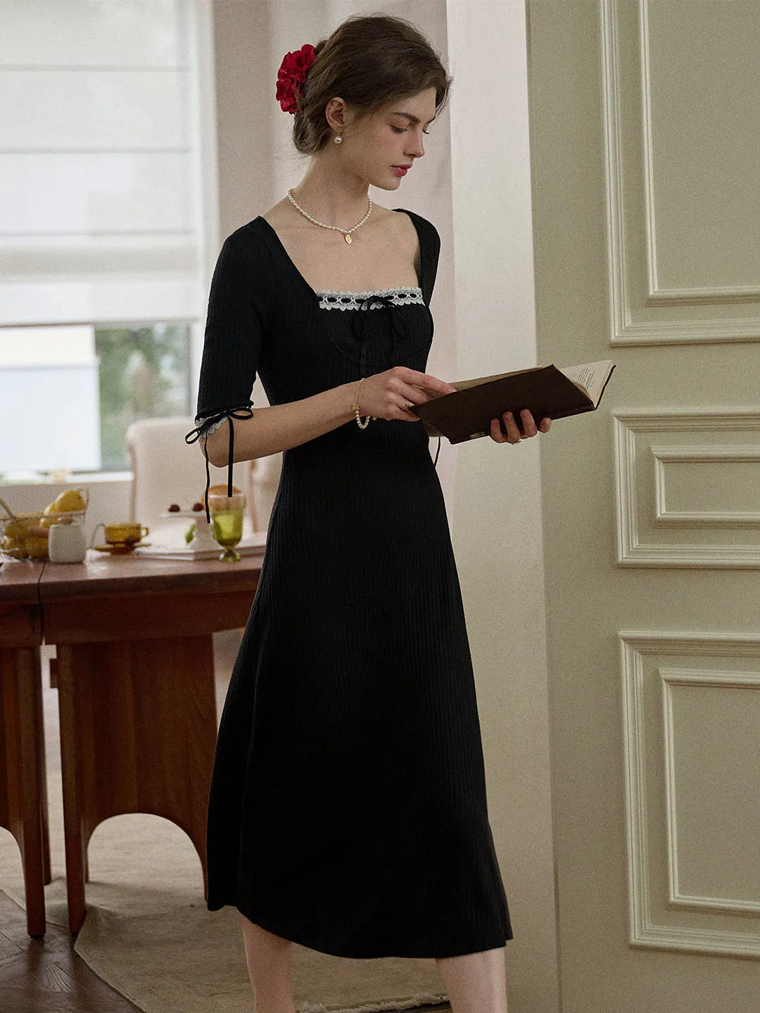 Michelle Bow Lace Square Neck Knitted Color Block Dress