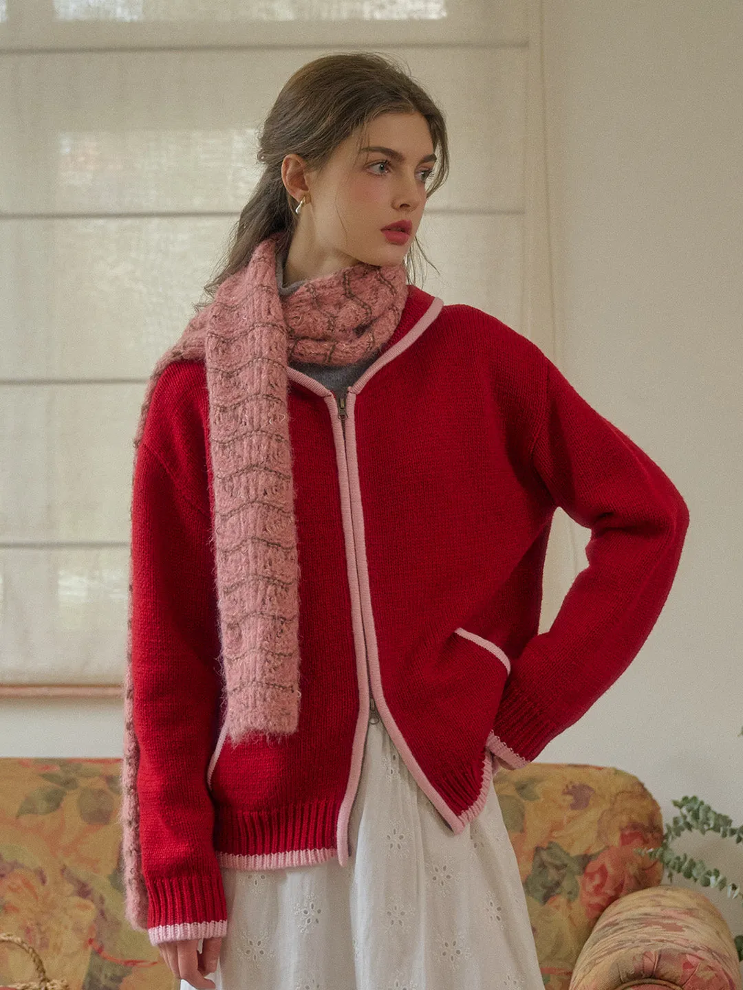 Mila Contrasting Pocket Knit Wool Hoodie - Red