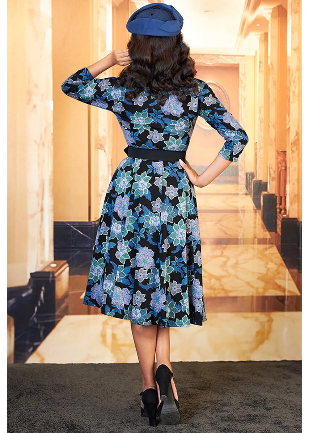 Miss Candyfloss Hasia Lee Floral 40's Swing Dress Navy