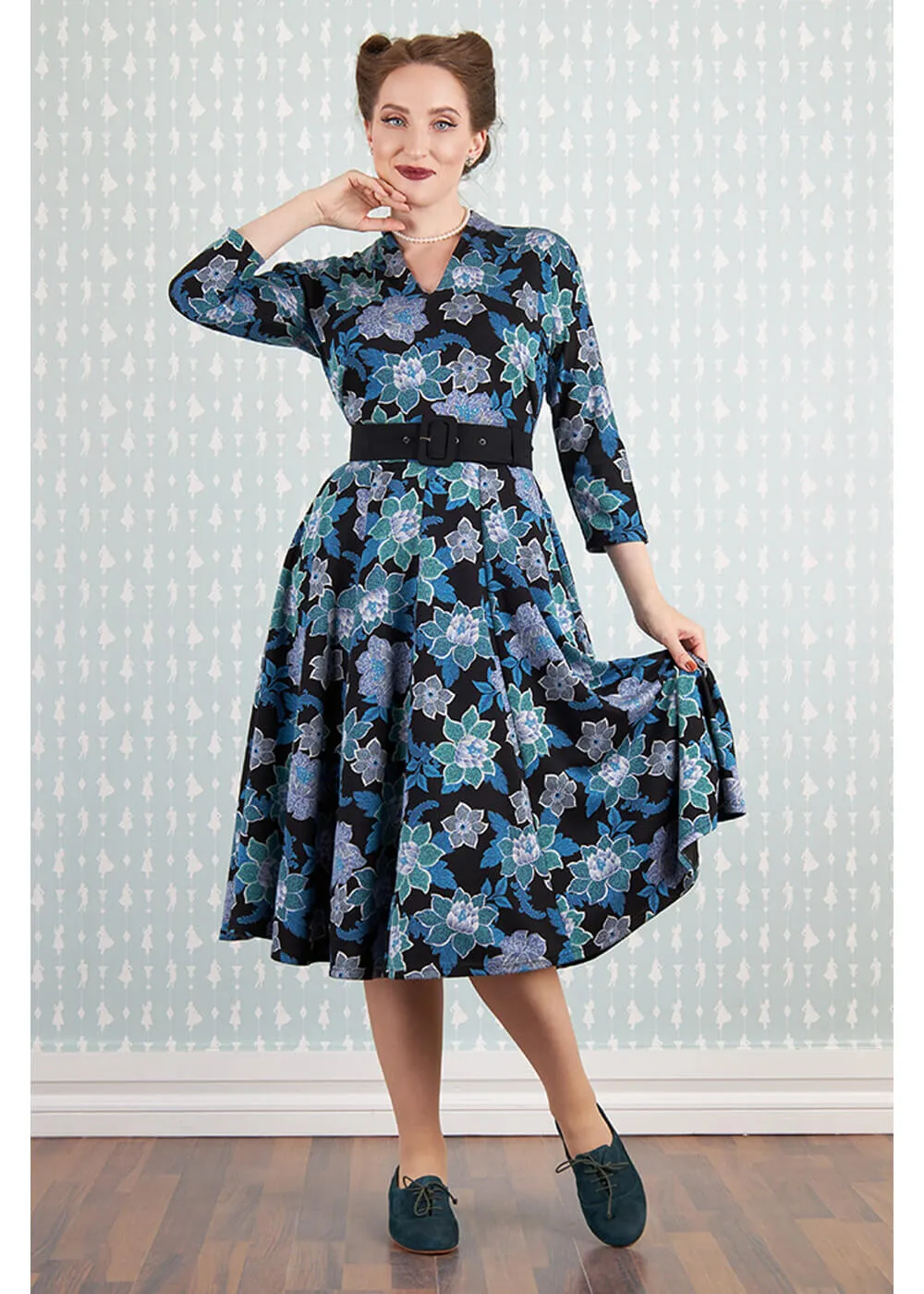 Miss Candyfloss Hasia Lee Floral 40's Swing Dress Navy