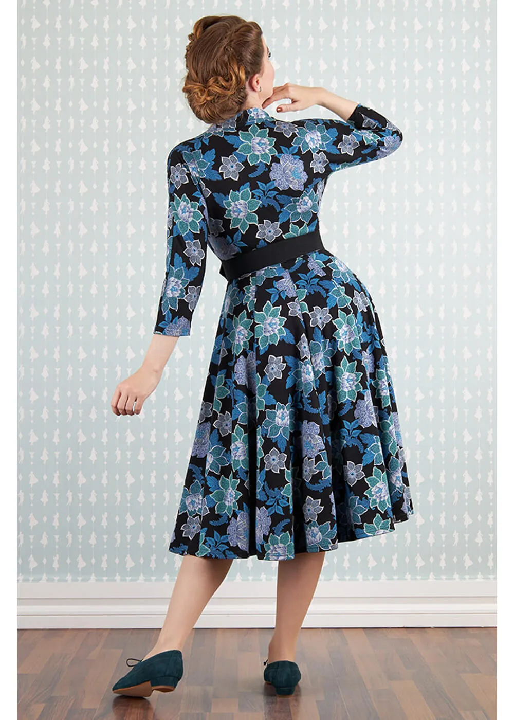 Miss Candyfloss Hasia Lee Floral 40's Swing Dress Navy