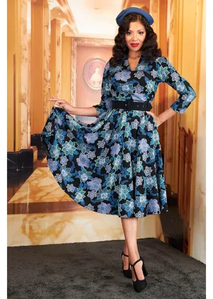 Miss Candyfloss Hasia Lee Floral 40's Swing Dress Navy