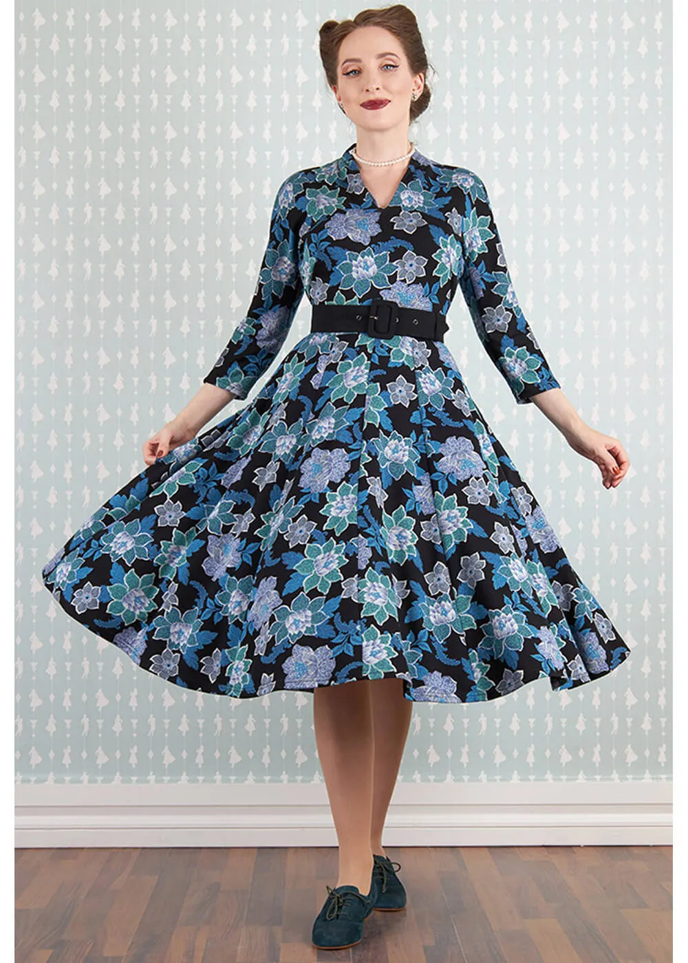 Miss Candyfloss Hasia Lee Floral 40's Swing Dress Navy