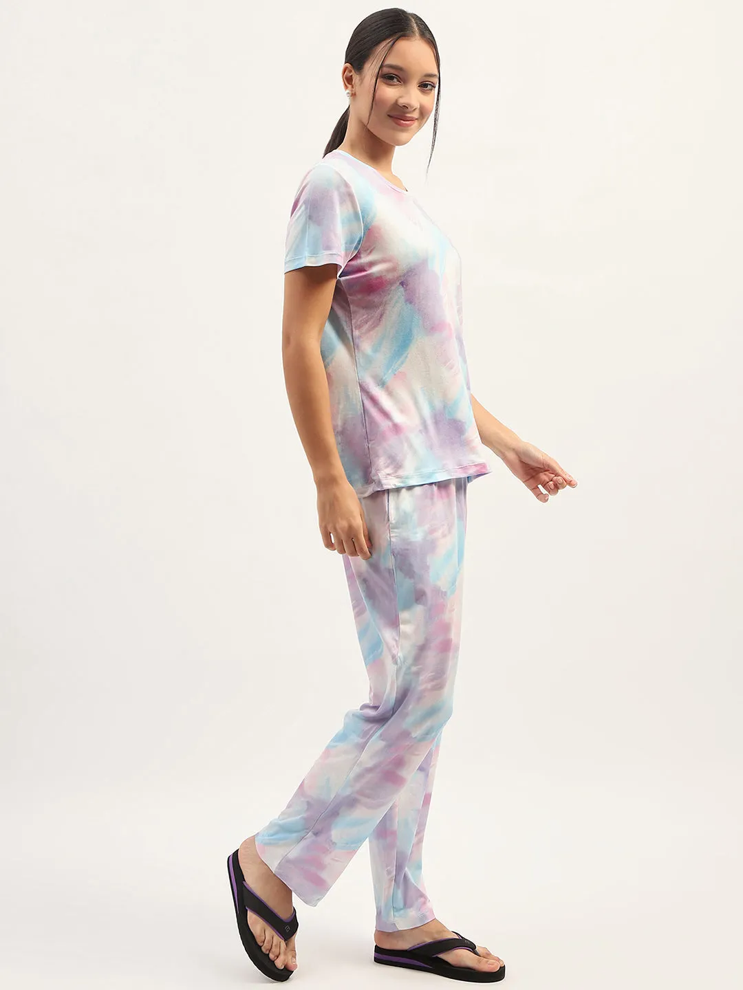 mSECRET Tie Dye Effect Print Mauve Top with Printed Pyjama and Shorts Set