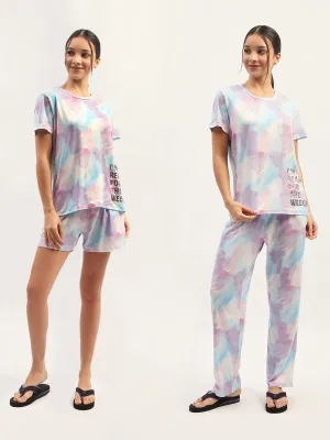 mSECRET Tie Dye Effect Print Mauve Top with Printed Pyjama and Shorts Set